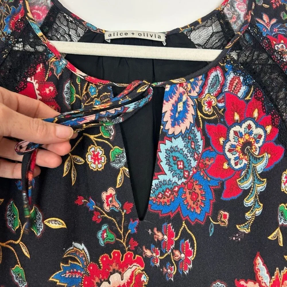 Alice + Olivia Lakita Tunic Dress Small Black Floral Long Sleeve Tiered Lace Boh - Picture 4 of 16